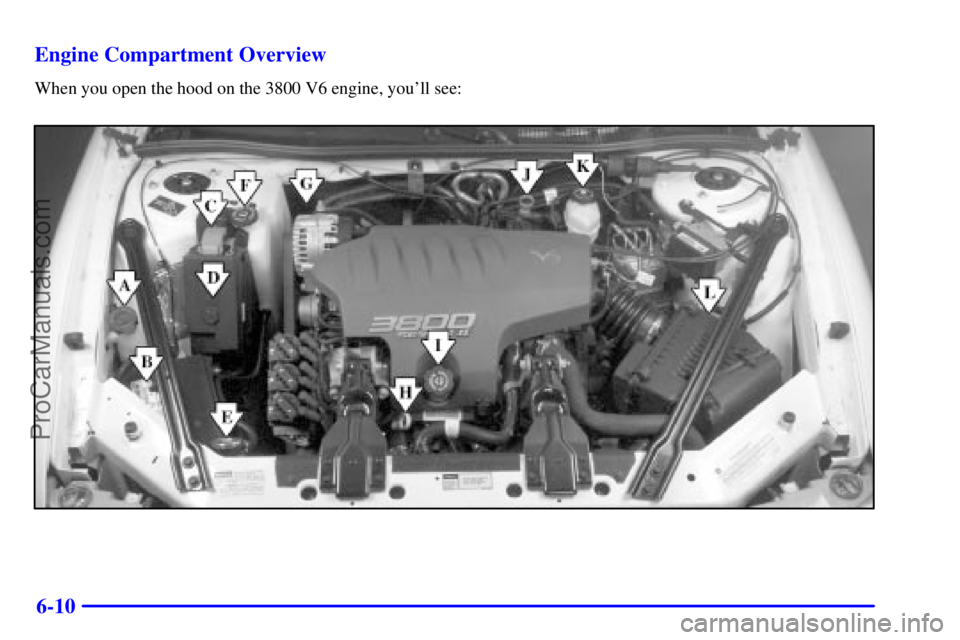 BUICK REGAL 2001  Owners Manual 6-10 Engine Compartment Overview
When you open the hood on the 3800 V6 engine, youll see:
ProCarManuals.com 