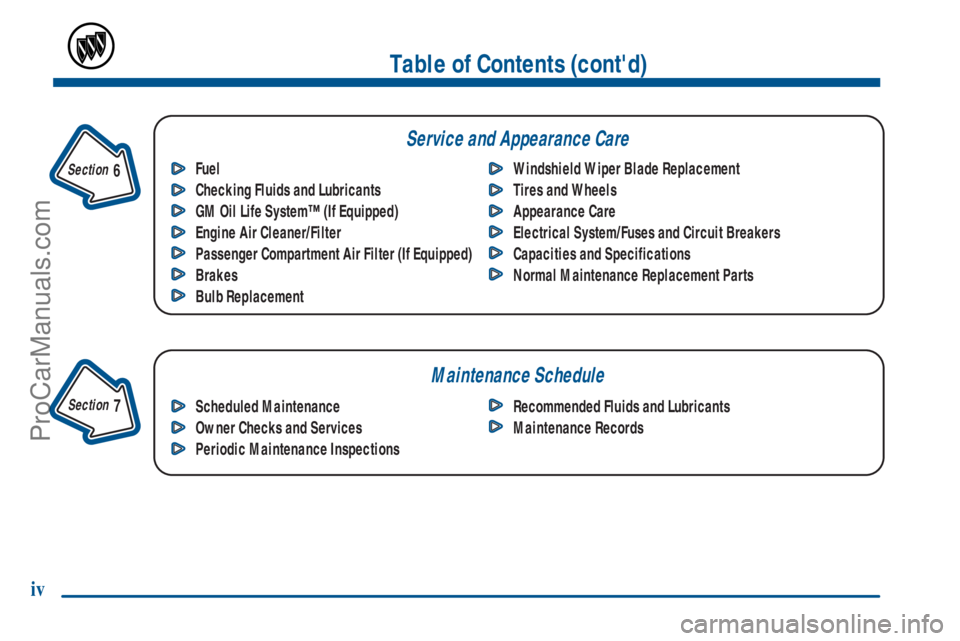 BUICK REGAL 2001  Owners Manual iv
Fuel
Checking Fluids and Lubricants
GM Oil Life System™ (If Equipped)
Engine Air Cleaner/Filter
Passenger Compartment Air Filter (If Equipped)
Brakes 
Bulb ReplacementWindshield Wiper Blade Repla