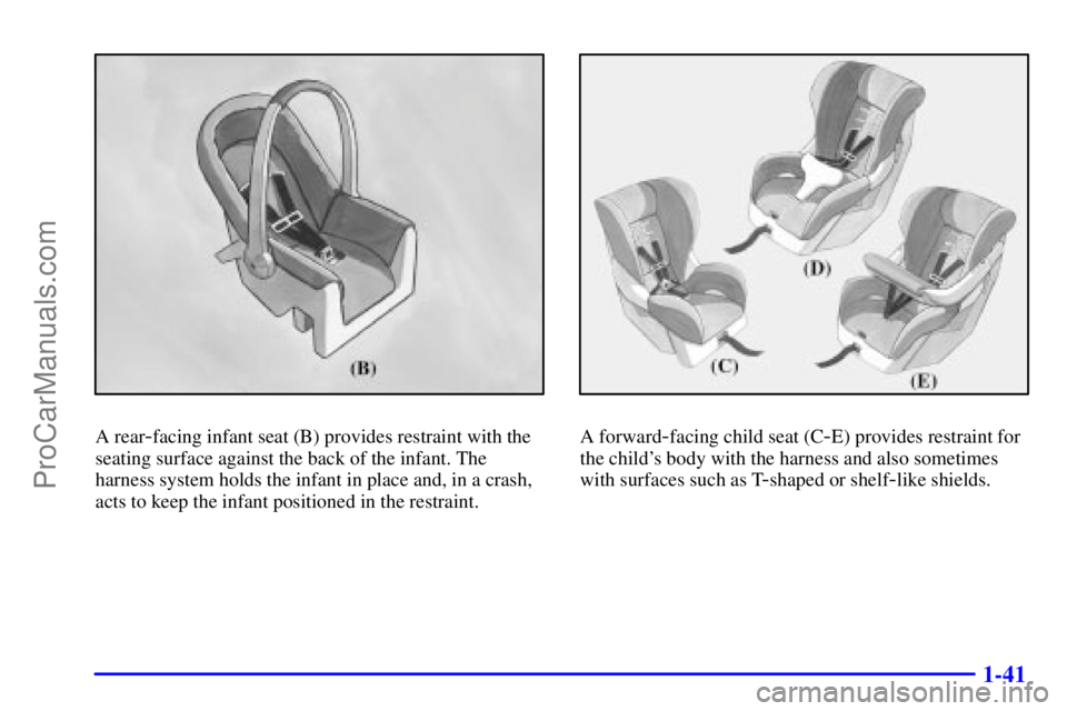BUICK REGAL 2001 Workshop Manual 1-41
A rear-facing infant seat (B) provides restraint with the
seating surface against the back of the infant. The
harness system holds the infant in place and, in a crash,
acts to keep the infant pos