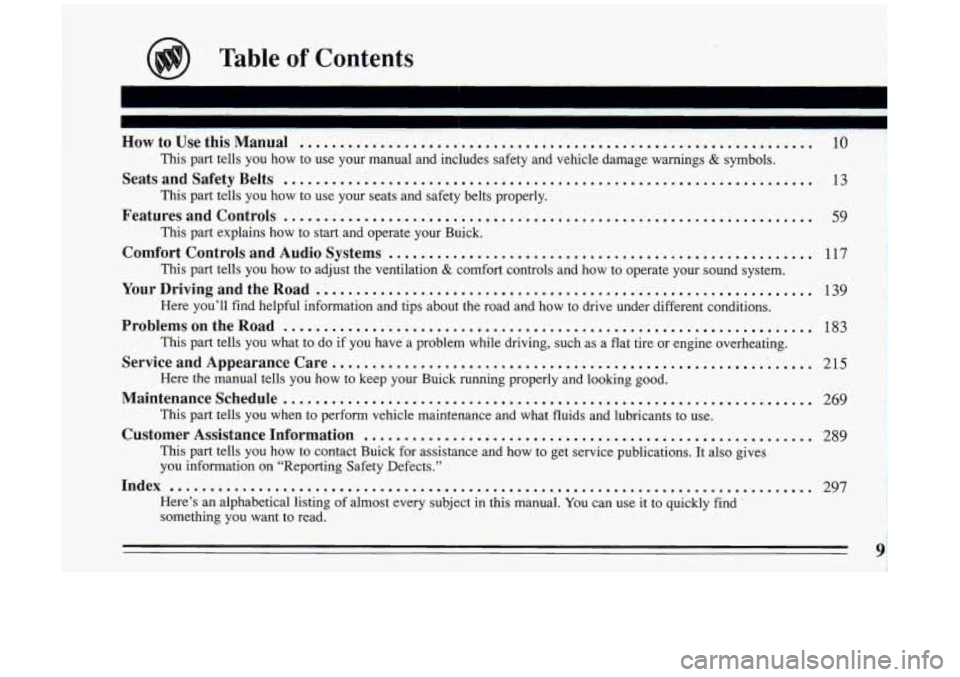 BUICK RIVIERA 1993 User Guide HowtoUsethisManual ................................................................
This part tells you how to use your manual and includes safety and vehicle damage warnings & symbols.
S BUICK RIVIERA 1993 User Guide HowtoUsethisManual ................................................................
This part tells you how to use your manual and includes safety and vehicle damage warnings & symbols.
S