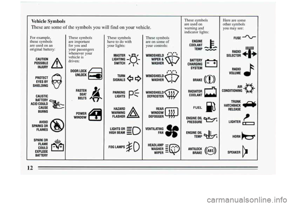 BUICK RIVIERA 1993 User Guide Vehicle Symbols
These are some of the symbols you will find on your vehicle.
For example,
these symbols
are used on an
original battery:
POSSIBLE A
CAUTION
INJURY
PROTECT EYES BY
S BUICK RIVIERA 1993 User Guide Vehicle Symbols
These are some of the symbols you will find on your vehicle.
For example,
these symbols
are used on an
original battery:
POSSIBLE A
CAUTION
INJURY
PROTECT EYES BY
S
