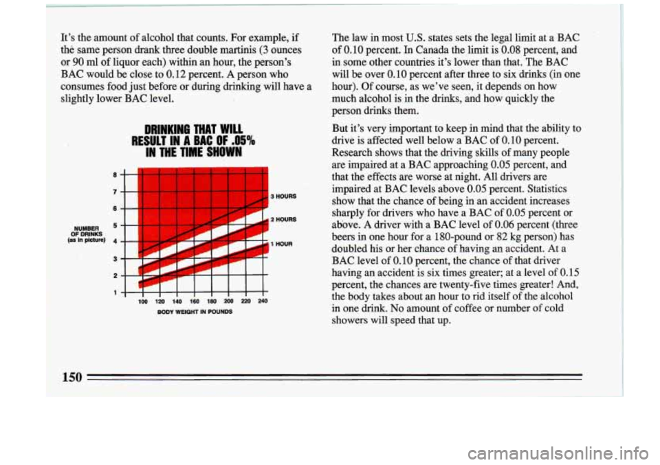 BUICK RIVIERA 1993 Owners Manual It’s the amount of alcohol that counts. For example, if
the same person drank three double martinis (3 ounces
or
90 ml of liquor each) within an hour, the person’s
BAC would BUICK RIVIERA 1993 Owners Manual It’s the amount of alcohol that counts. For example, if
the same person drank three double martinis (3 ounces
or
90 ml of liquor each) within an hour, the person’s
BAC would