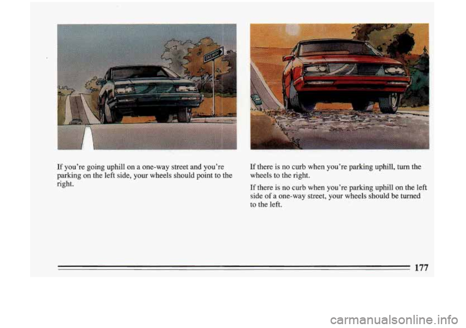 BUICK RIVIERA 1993  Owners Manual If youre  going  uphill on a  one-way  street  and  youre 
parking  on  the left side,  your  wheels  should  point  to the 
right. If there  is no curb  when  youre parking  uphill,  turn  the 
wh