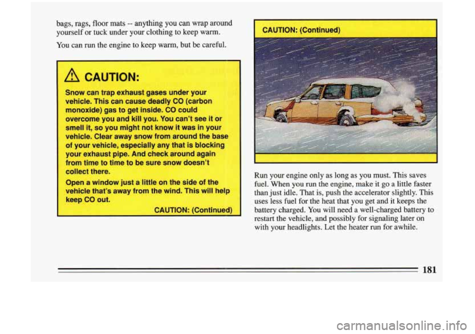 BUICK RIVIERA 1993  Owners Manual bags,  rags,  floor  mats -- anything  you can wrap  around 
yourself  or  tuck  under  your  clothing  to  keep  warm. 
You  can run the engine  to  keep  warm,  but  be  careful. 
Snow  can trap  ex