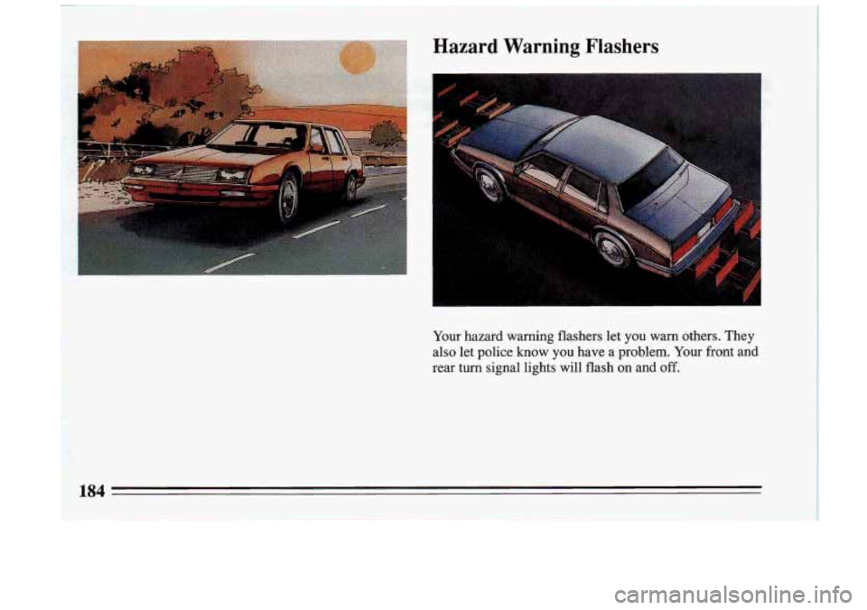 BUICK RIVIERA 1993  Owners Manual Hazard  Warning  Flashers 
c 
Your  hazard  warning  flashers  let  you  warn  others.  They 
also  let  police  know  you  have a problem.  Your front  and 
rear  turn  signal  lights  will  flash  o