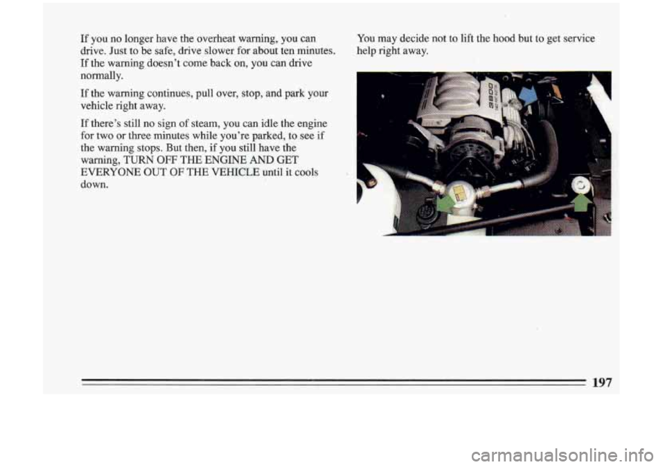 BUICK RIVIERA 1993  Owners Manual If  you  no longer  have  the overheat warning, you  can 
drive.  Just  to  be  safe, drive slower for about  ten  minutes. 
If the  warning  doesnt come  back on, you can drive 
normally. 
If~the  w