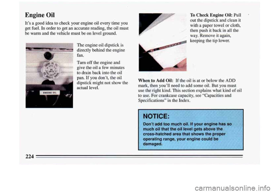 BUICK RIVIERA 1993  Owners Manual Engine Oil 
It’s  a  good  idea to check  your  engine  oil  every  time  you 
get  fuel. 
In order  to get  an accurate  reading,  the oil  must 
be  warm  and  the  vehicle  must  be  on  level  g