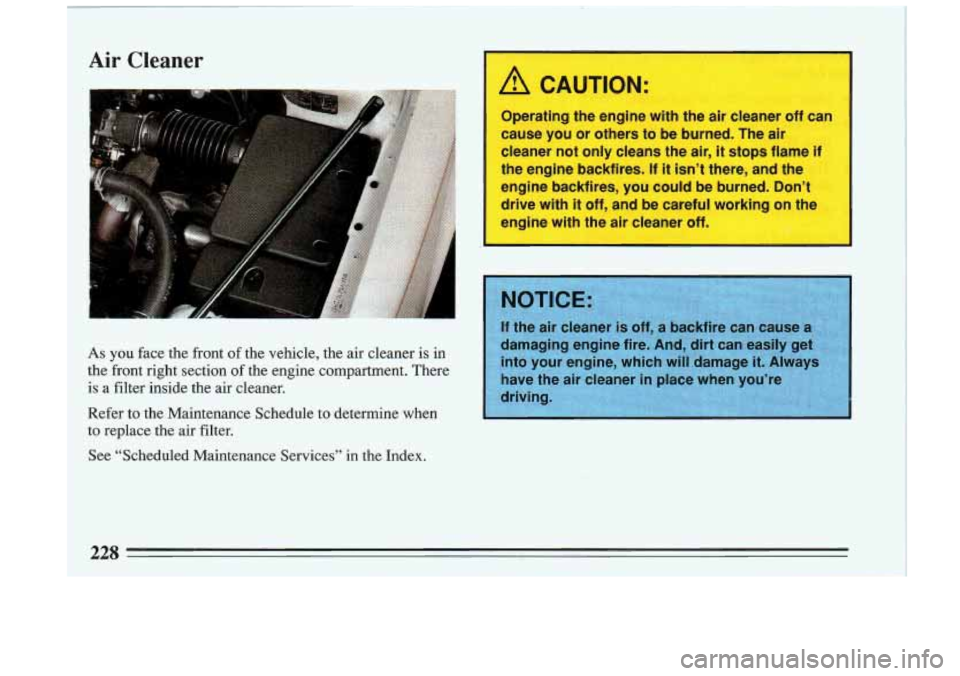 BUICK RIVIERA 1993  Owners Manual Air Cleaner 
As you face the front of  the  vehicle,  the  air  cleaner  is  in 
the  front  right  section  of the  engine  compartment.  There 
is  a filter  inside  the  air  cleaner. 
Refer  to  -