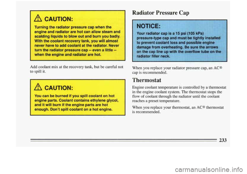 BUICK RIVIERA 1993 Owners Manual A CAUTION:
Turning the radiator pressure cap when the
engine and radiator are hot can
allow steam and
scalding liquids to blow out and burn you badly.
With the coolant recovery tank, you BUICK RIVIERA 1993 Owners Manual A CAUTION:
Turning the radiator pressure cap when the
engine and radiator are hot can
allow steam and
scalding liquids to blow out and burn you badly.
With the coolant recovery tank, you