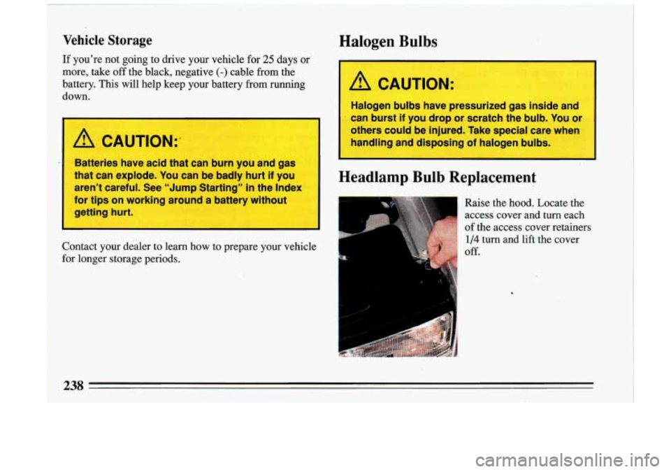 BUICK RIVIERA 1993 Owners Manual Vehicle Storage Halogen Bulbs
If you’re not going to drive your vehicle for 25 days or
-more, take
off the black, negative (-) cable from the
.battery. This will help keep your BUICK RIVIERA 1993 Owners Manual Vehicle Storage Halogen Bulbs
If you’re not going to drive your vehicle for 25 days or
-more, take
off the black, negative (-) cable from the
.battery. This will help keep your