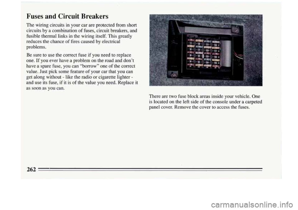 BUICK RIVIERA 1993  Owners Manual Fuses and Circuit  Breakers 
The  wiring  circuits  in  your  car  are  protected  from  short 
circuits by a  combination  of fuses,  circuit  breakers,  and 
fusible  thermal  links  in  the  wiring