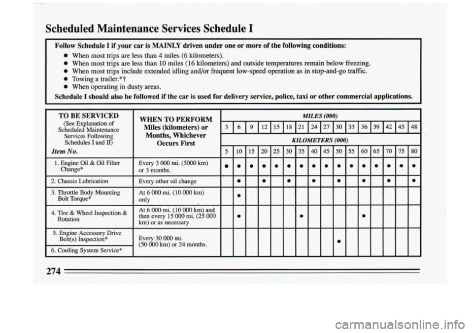 BUICK RIVIERA 1993 Owners Manual Scheduled Maintenance Services Schedule I
Follow Schedule I if your car is MAINLY driven under one or more of the following conditions:
0 When most trips are less than 4 miles (6 BUICK RIVIERA 1993 Owners Manual Scheduled Maintenance Services Schedule I
Follow Schedule I if your car is MAINLY driven under one or more of the following conditions:
0 When most trips are less than 4 miles (6