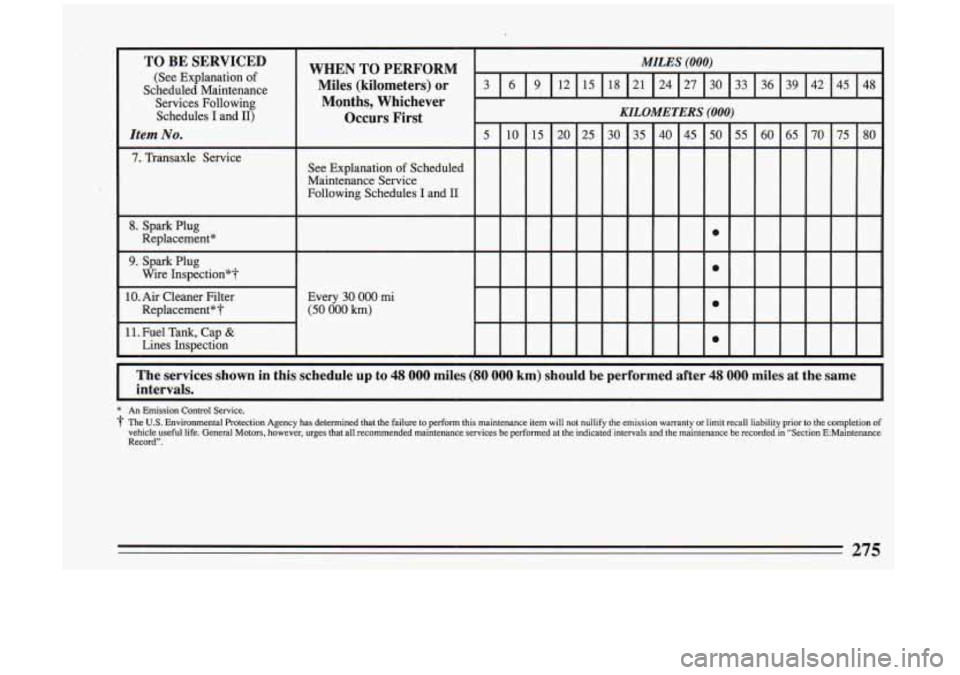 BUICK RIVIERA 1993 Owners Manual The services shown in this schedule up to 48 000 miles (80.000 km) should be performed after 48 000 miles at the same
I
* An Emission Control Service.
The
U.S. Environmental Protectio BUICK RIVIERA 1993 Owners Manual The services shown in this schedule up to 48 000 miles (80.000 km) should be performed after 48 000 miles at the same
I
* An Emission Control Service.
The
U.S. Environmental Protectio