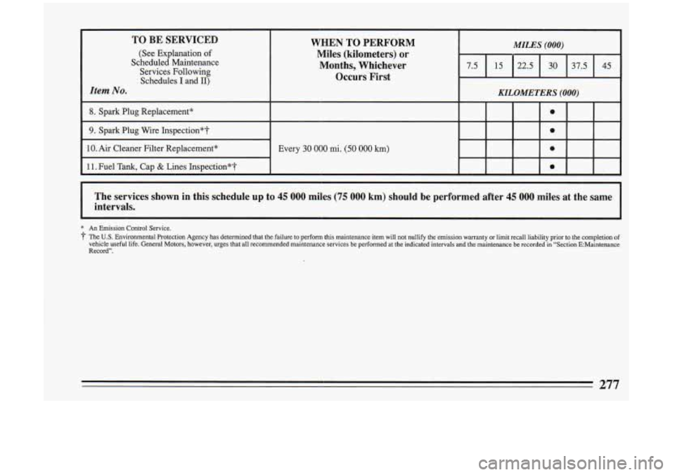 BUICK RIVIERA 1993 Owners Manual TO BE SERVICED
(See Explanation of
Scheduled Maintenance
Services Following Schedules
I and 11)
Item No.
8. Spark Plug Replacement*
9. Spark Plug Wire Inspection*T
10. Air Cleaner Filte BUICK RIVIERA 1993 Owners Manual TO BE SERVICED
(See Explanation of
Scheduled Maintenance
Services Following Schedules
I and 11)
Item No.
8. Spark Plug Replacement*
9. Spark Plug Wire Inspection*T
10. Air Cleaner Filte