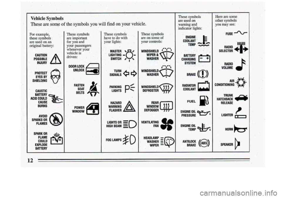 BUICK ROADMASTER 1993 User Guide Vehicle Symbols . , .  
mcese are some .of the,symbols you will find on your vehicle. .  . ". . * 
I. .. . .- . .* . t . . :. 
.. ... .. , I. . 
For example, 
these  symbols 
 
are used on an 
