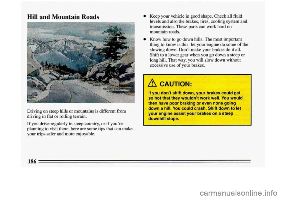 BUICK ROADMASTER 1993  Owners Manual Driving  on  steep  hills  or  mountains is different  from 
driving  in 
flat or rolling  terrain. 
 A CAUTION: 
If you  dont shift  down,  your  brakes could  get 
o hot that  they wouldnt  work 