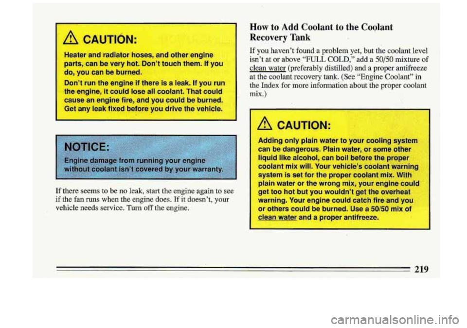 BUICK ROADMASTER 1993  Owners Manual 1 
I 
11 parts, can be very hot. Don’t 1 Ich  them. I 
do,  you  can be burned. 
Don’t 
run the  engine  if ther I leak.  If yo 
the  engine, 
it could  lose all coolant.  That could 
cause  an  e