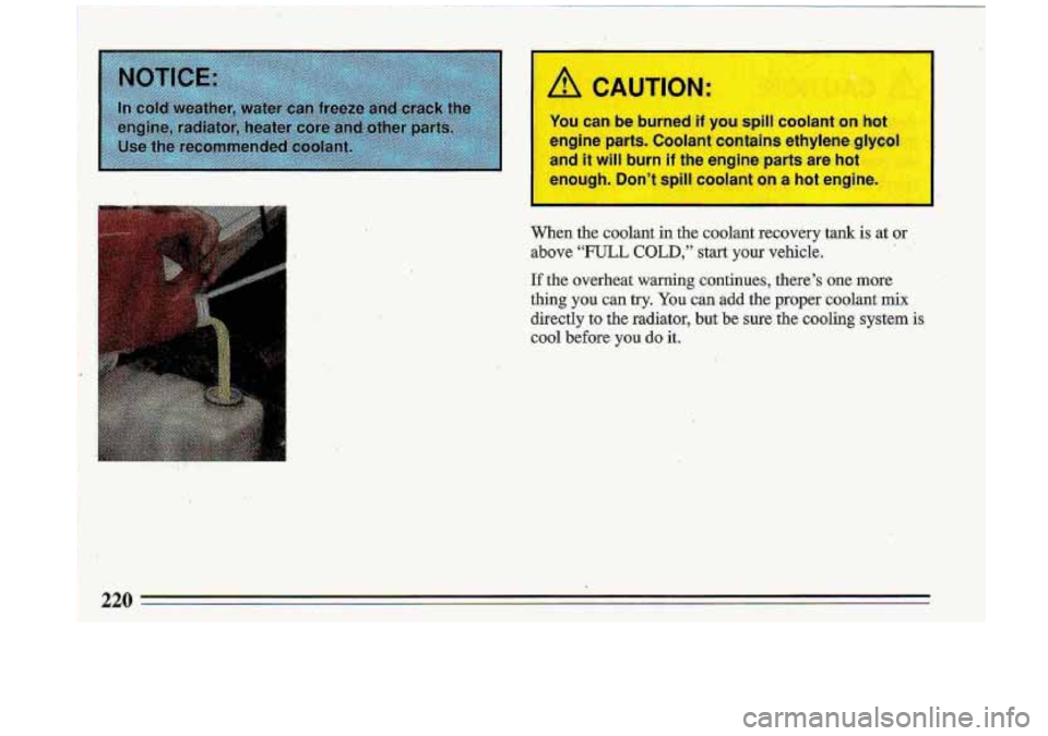 BUICK ROADMASTER 1993  Owners Manual m 
m 
II 
L, CAUTIOP 
You can be bu 3d if you spill coolant on hot 
engine  parts.  Coolant  contains ethylene 
glycc 
and it will burn if the engine parts are  hot 
enough.  Don’t 
spill coolant  o