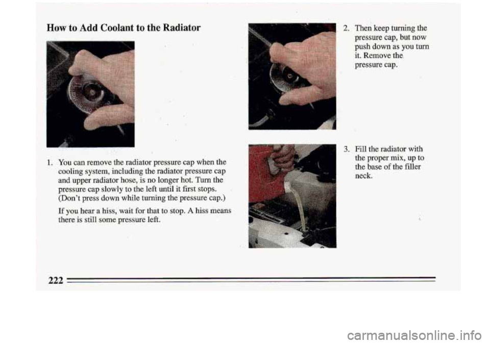 BUICK ROADMASTER 1993  Owners Manual How to  Add  Coolant to the Radiator 
.. 
i= :. 
i i 
i t 
.. : :.c, - , -, I. . 
I 
-" I 
-c 
2. Then keep  turning  the 
pressure 
cap, but  now 
push  down 
as you turn 
it. Remove  the. 
pressure 