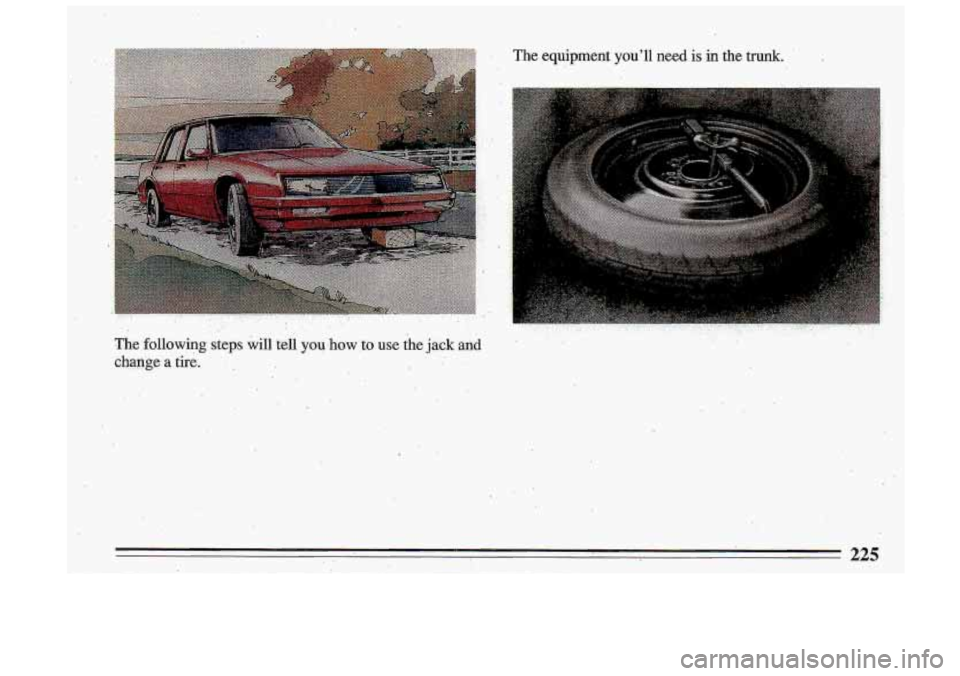 BUICK ROADMASTER 1993  Owners Manual The equipment you’ll need is in the trunk. 
.. 
-. .. . .. .. . , , , , . . . ..,LL ,. , .. i , ., . ,I , ,. . r , . . . , -.. .”: _,,,/ .. . , . ..~ .. I .. 
The  followin,g steps will tell you,h