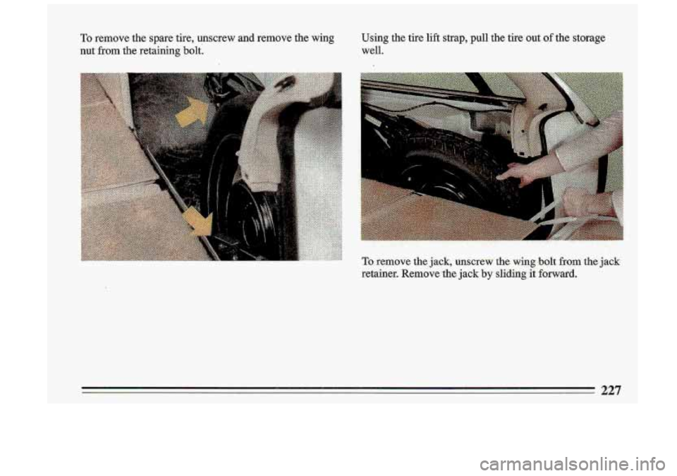 BUICK ROADMASTER 1993  Owners Manual To remove the spare  tire,  unscrew and remove  the  wing 
nut from  the retaining  bolt.  Using 
the tire lift 
strap, pull the tire out of the  storage 
well. 
To remove the jack, unscrew  the wing 