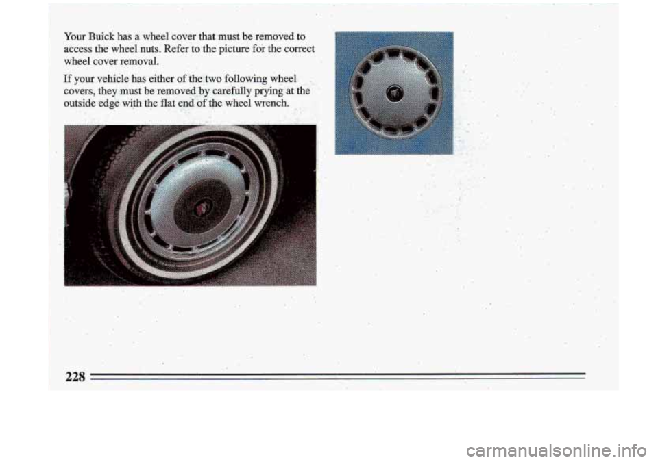 BUICK ROADMASTER 1993  Owners Manual Your Buick has a wheel. cover that .must beremoved to 
access  the  wheel  nuts;  Refer to the picture for the  correct 
wheel  cover  removal. 
If your vehicle has .either of -the:.two following  w