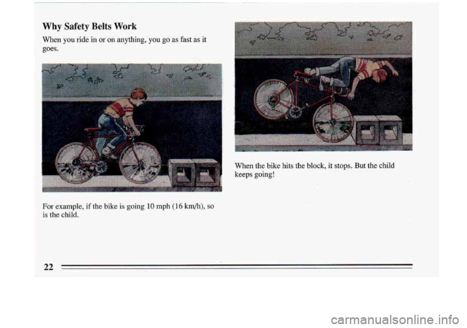 BUICK ROADMASTER 1993 Owners Manual Why,Safety Belts Work 
When  you  ride in or on  anything, you go as fast as it 
goes. 
When the bike  hits the block, it stops.  But  the child 
keeps  going! 
For example,  if the  bike  is going 1