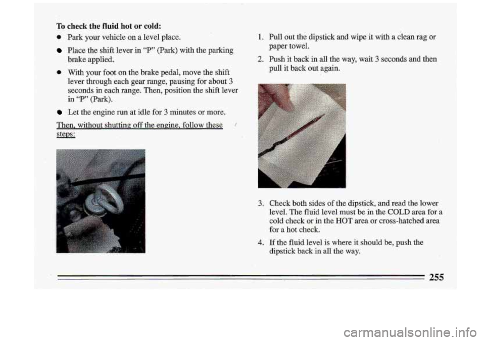 BUICK ROADMASTER 1993  Owners Manual To check  the fluid hot or cold: 
0 Park  your  vehicle on a  level  place. 
Place  the  shift.lever  in “P” (Park)  with  the  parking 
brake  applied. 
0 With  your  foot  on  the  brake  pedal,