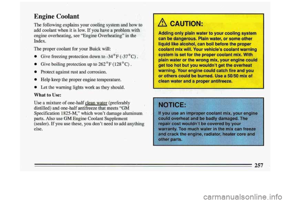 BUICK ROADMASTER 1993  Owners Manual er to  your  cooling  system 
can  be  dangerous.  Plain  water, 
or some  other 
liquid  like alcohol,  can  boil before  the  proper 
coolant  mix  will.  Your  vehicle’s coolant  warning 
system 