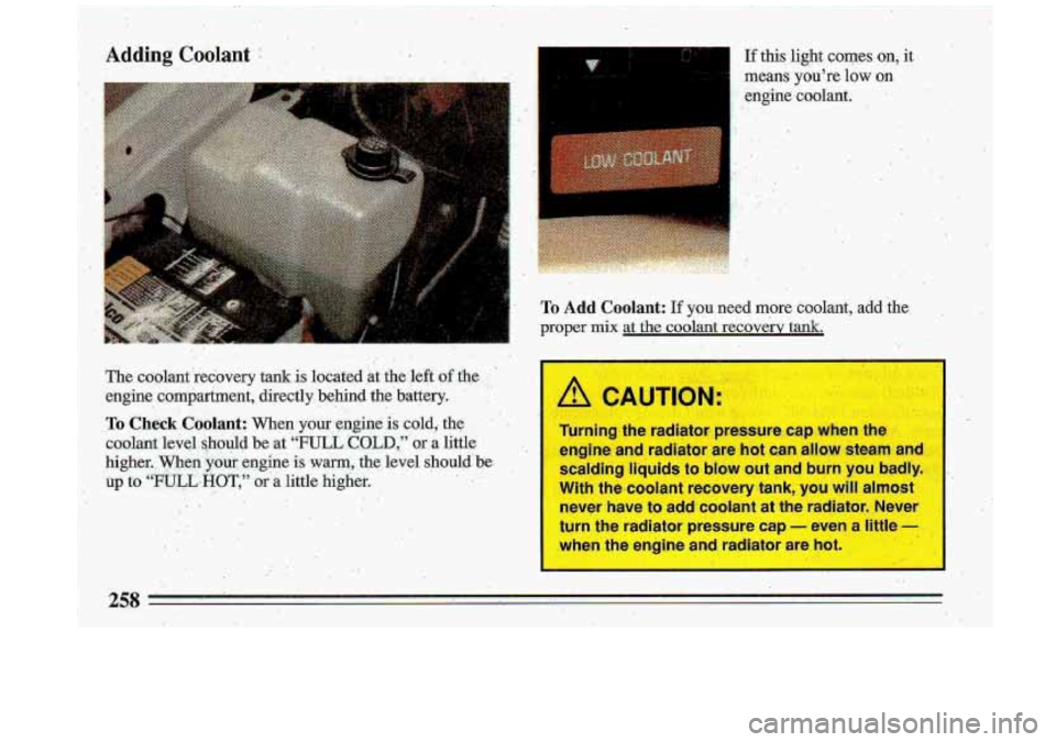 BUICK ROADMASTER 1993  Owners Manual .. .. ,I 
Adding Coolant : . .:,. 
The coolant  recovery  tank .is located  at  the  left of the 
engine  compartment,  directly  behind 
.. thebattery. 
.To Ch.eck.Coolant: When your engine is cold
