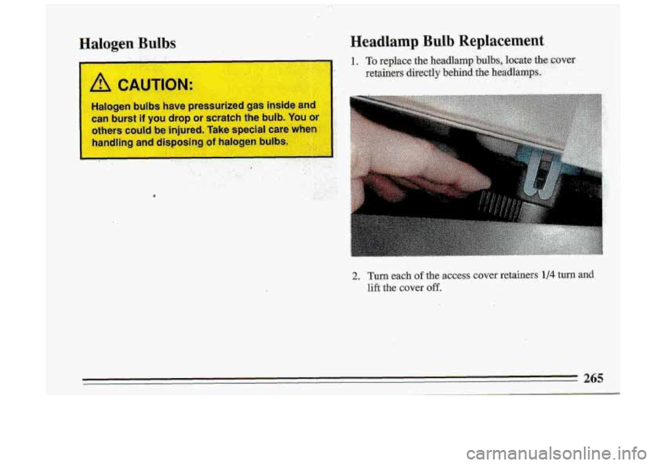 BUICK ROADMASTER 1993  Owners Manual I- 
Halagen  bulbs  have  pressurized gas inside and 
can  burst if you drop or  scratch  the bulb. You or I 
others could be injured.  Take  special  care  when 
handling  and 
displssina of halogen 