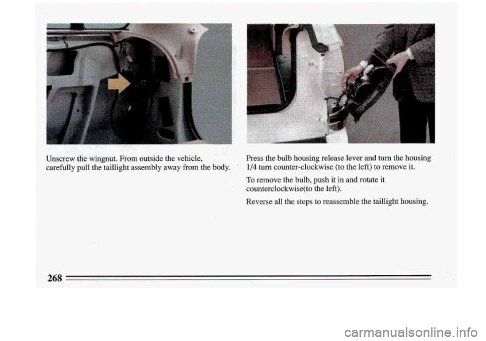 BUICK ROADMASTER 1993  Owners Manual . ,. , .. ., , ... 
Unskrew .tht$wingnut. From outside the vehicle,, 
carefully 
pull the  taillight  assembly  away from the  body.  Press  the 
bulb housing  release  lever  and  turn  the  housing 