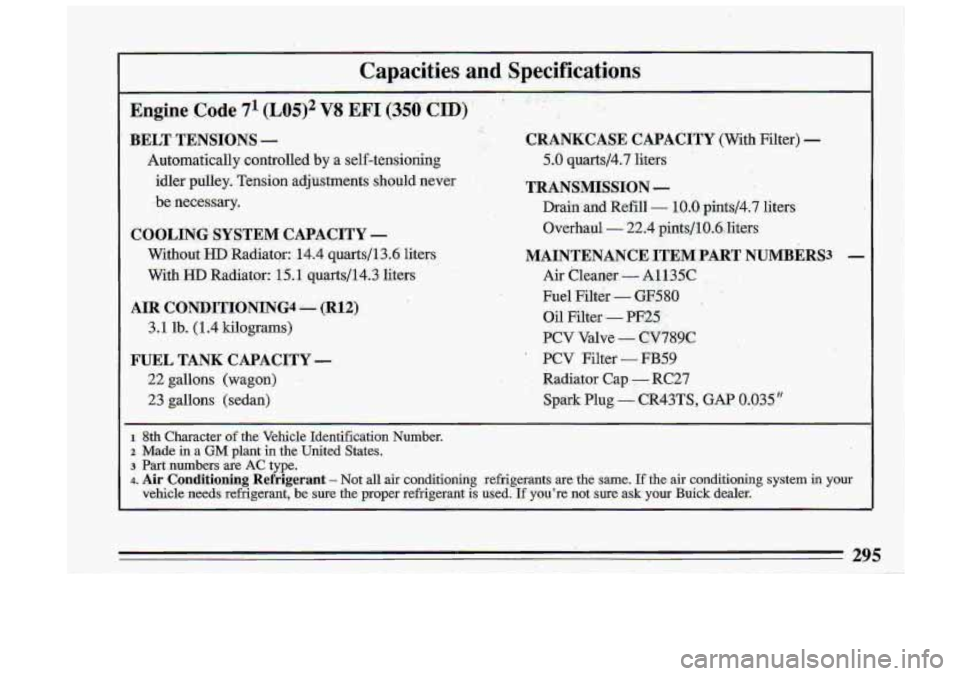 BUICK ROADMASTER 1993 Owners Manual Cap.acities and, Specifications
CRANKCASE CAPACITY (With Filter) -
5.0 quarts/4.7 liters
TRANSMKSSIQN -
Drain and Refill - 1.0.0. pints/4.7 lifers
Overhaul
- 22.4 pints/f0.6.. liters
MAI BUICK ROADMASTER 1993 Owners Manual Cap.acities and, Specifications
CRANKCASE CAPACITY (With Filter) -
5.0 quarts/4.7 liters
TRANSMKSSIQN -
Drain and Refill - 1.0.0. pints/4.7 lifers
Overhaul
- 22.4 pints/f0.6.. liters
MAI