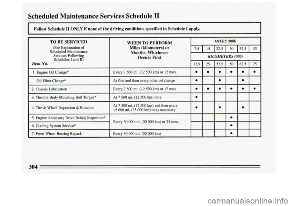 BUICK ROADMASTER 1993 Owners Manual Sched.uled Maintenante Services Schedule I1
Follow Schedule. I1 ONLY if none of the driving conditions specified in Schedule I apply.
, TO BE SERVICED
(See Explanation of
Scheduled Maintenan BUICK ROADMASTER 1993 Owners Manual Sched.uled Maintenante Services Schedule I1
Follow Schedule. I1 ONLY if none of the driving conditions specified in Schedule I apply.
, TO BE SERVICED
(See Explanation of
Scheduled Maintenan