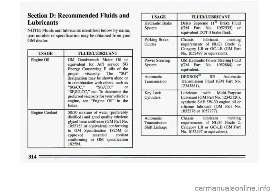 BUICK ROADMASTER 1993 Owners Manual Section D: Recommended Fluids and
Lubricants
NOTE: Fluids and lubricants identified below by name,
part
number or specification may be obtained from your
GM dealer.:
USAGE
Engine .Oil BUICK ROADMASTER 1993 Owners Manual Section D: Recommended Fluids and
Lubricants
NOTE: Fluids and lubricants identified below by name,
part
number or specification may be obtained from your
GM dealer.:
USAGE
Engine .Oil