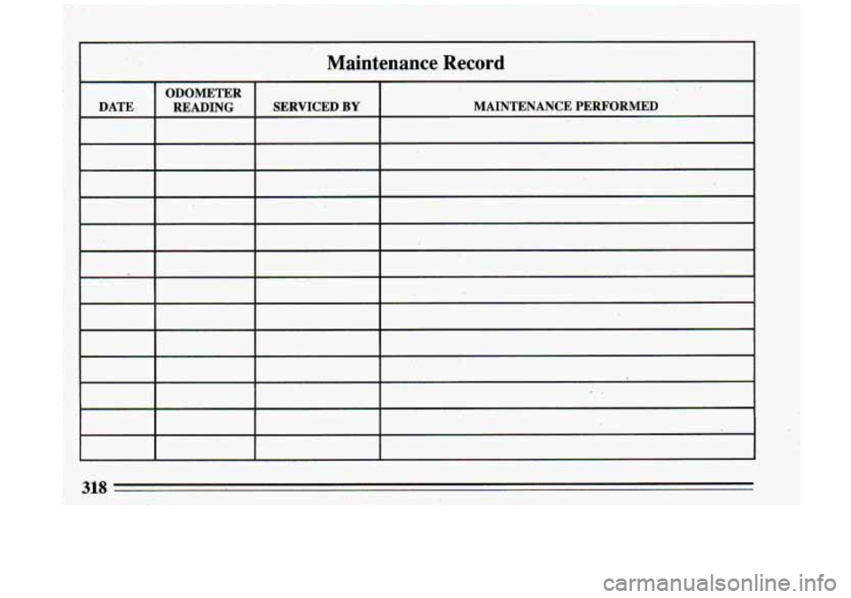 BUICK ROADMASTER 1993  Owners Manual ~. 
Maint.enance Record 
ODOMETER 
DATE  READING- 
. SERVICED. BY MAINTENANCE  PERFORMED 
- -I 
..  