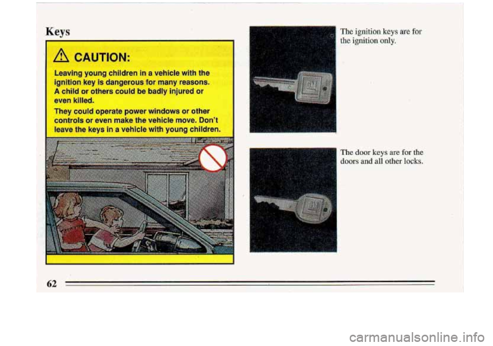 BUICK ROADMASTER 1993 Repair Manual b GAUTION: 
Leaving  young  children in a vehlt:  wih LIIC 
ignition  key is dangerous  for  many  reasons. 
A child or others  could be badP  ‘njured  or 
even  killed. 
They  could  operate  power