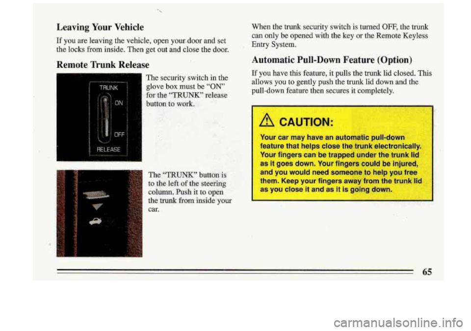 BUICK ROADMASTER 1993  Owners Manual Leaving Your Vehicle 
If you  are  leaving. the vehicle,  open  your-door  and  set 
the  locks  from  inside.  Then  get  out  and  close  the door. 
Remote Trunk Release 
The security  switch  in th