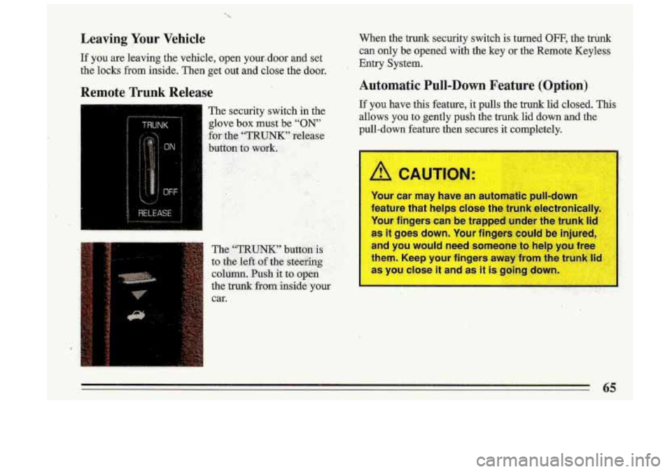 BUICK ROADMASTER 1993 Repair Manual Leaving Your Vehicle 
If you  are  leaving. the vehicle,  open  your-door  and  set 
the  locks  from  inside.  Then  get  out  and  close  the door. 
Remote Trunk Release 
The security  switch  in th