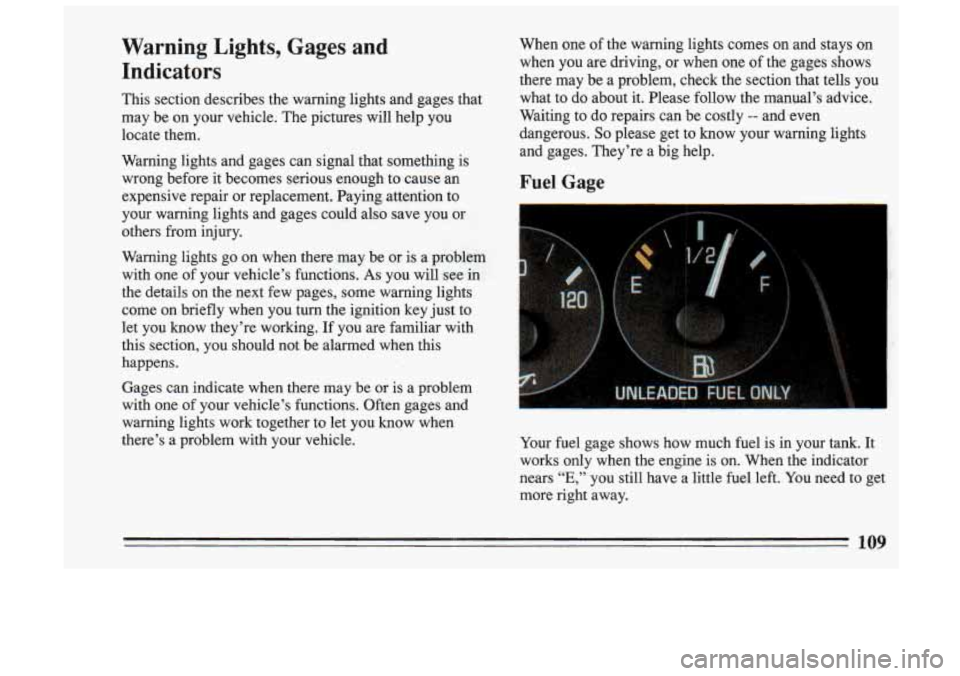 BUICK SKYLARK 1993 Owners Manual Warning Lights, Gages and
Indicators
This section describes the warning lights and gages that
may be on your vehicle. The pictures will help you
locate them.
Warning lights and BUICK SKYLARK 1993 Owners Manual Warning Lights, Gages and
Indicators
This section describes the warning lights and gages that
may be on your vehicle. The pictures will help you
locate them.
Warning lights and