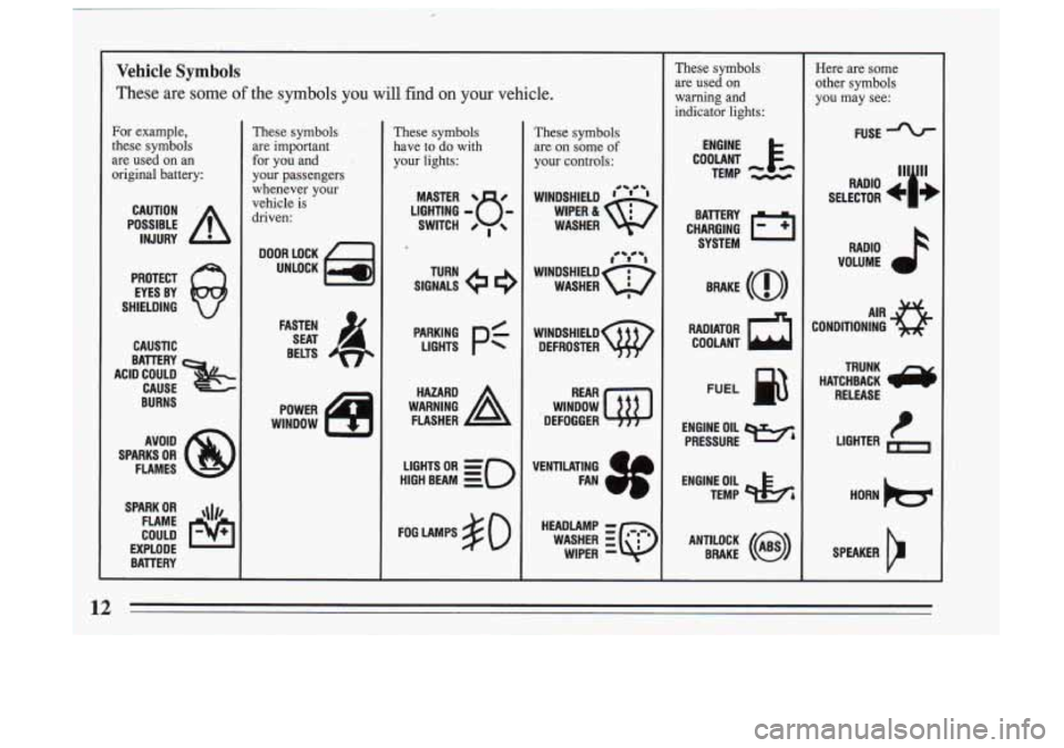 BUICK SKYLARK 1993  Owners Manual Vehicle Symbols 
These are some of the symbols  you  will. find -on your vehicle. 
For  example, 
these  symbols 
are used  on  an 
original  battery: 
CAUTION 
INJURY 
PROTECT  EYES  BY 
SHIELDING 
Q