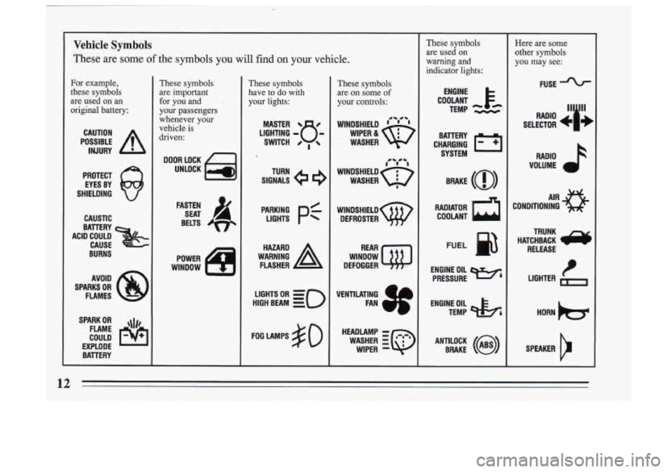 BUICK SKYLARK 1993 User Guide Vehicle Symbols
These are some of the symbols you will. find -on your vehicle.
For example,
these symbols
are used on an
original battery:
CAUTION
INJURY
PROTECT EYES BY
SHIELDING
Q BUICK SKYLARK 1993 User Guide Vehicle Symbols
These are some of the symbols you will. find -on your vehicle.
For example,
these symbols
are used on an
original battery:
CAUTION
INJURY
PROTECT EYES BY
SHIELDING
Q