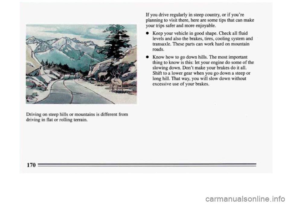 BUICK SKYLARK 1993 Owners Manual Driving on steep hills or mountains is different from
driving in flat or rolling terrain. If you
drive regularly in steep country, or if you’re
planning to visit there, h BUICK SKYLARK 1993 Owners Manual Driving on steep hills or mountains is different from
driving in flat or rolling terrain. If you
drive regularly in steep country, or if you’re
planning to visit there, h