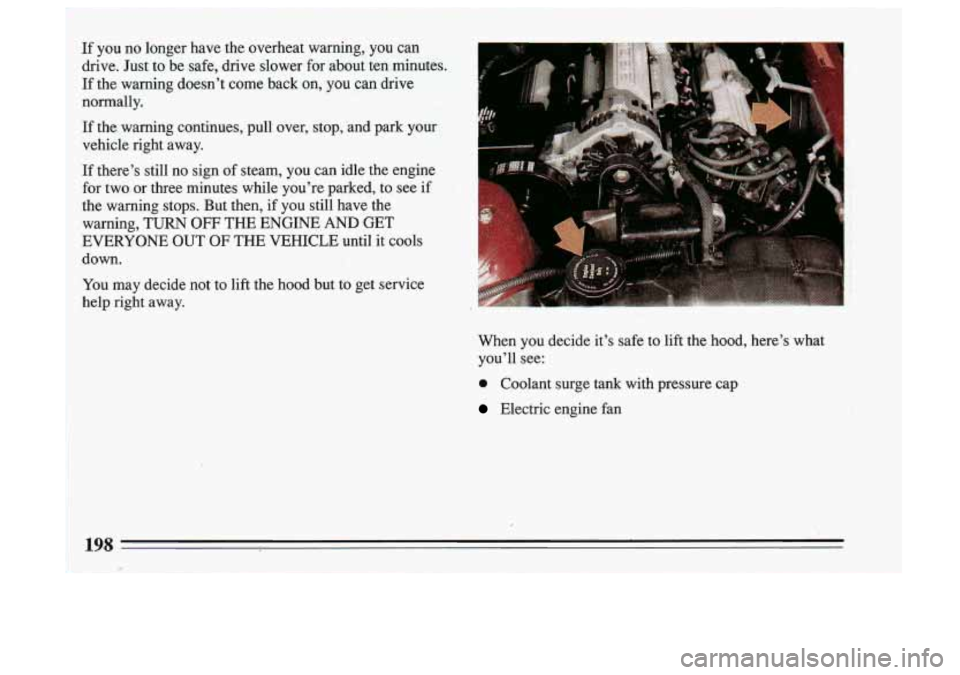 BUICK SKYLARK 1993  Owners Manual If  you no longer  have  the  overheat  warning,  you  can 
drive.  Just  to  be  safe,  drive  slower  for  about  ten  minutes. 
If  the  warning  doesn’t  come  back  on, you  can  drive 
normall