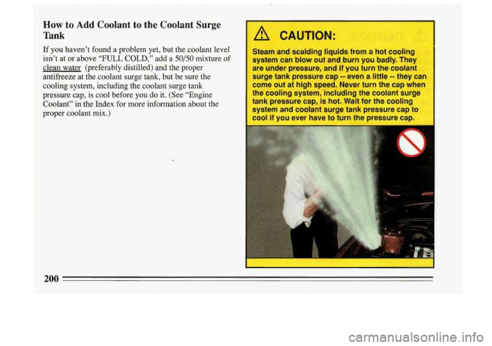 BUICK SKYLARK 1993  Owners Manual How to Add Coolant to the  Coolant Surge 
Tank 
If you  haven’t  found  a  problem yet, but  the  coolant  level 
isn’t  at  or  above 
“FULL COLD,”  add  a 50/50 mixture of 
clean  water  (pr