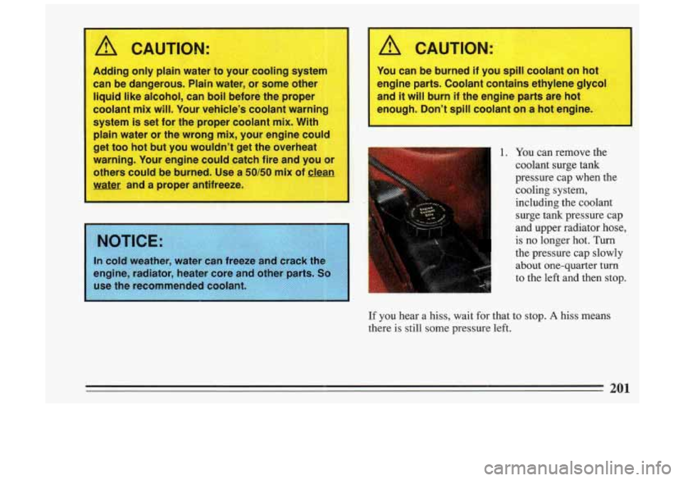 BUICK SKYLARK 1993 Owners Manual 1
A CAUTION:
Adding only plain water to your cooling system
can be dangerous. Plain water, or some lother
liquid li~ke alcohol, can boil before tihe proper
coolant
mix will. Your whi BUICK SKYLARK 1993 Owners Manual 1
A CAUTION:
Adding only plain water to your cooling system
can be dangerous. Plain water, or some lother
liquid li~ke alcohol, can boil before tihe proper
coolant
mix will. Your whi
