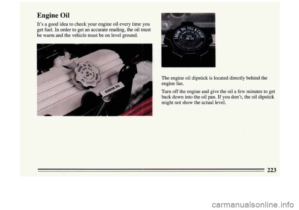 BUICK SKYLARK 1993 Owners Manual Engine Oil
Its a good idea to check your engine oil every time you
get fuel.
In order to get an accurate reading, the oil must
be warm and the vehicle must be
on level groun BUICK SKYLARK 1993 Owners Manual Engine Oil
Its a good idea to check your engine oil every time you
get fuel.
In order to get an accurate reading, the oil must
be warm and the vehicle must be
on level groun