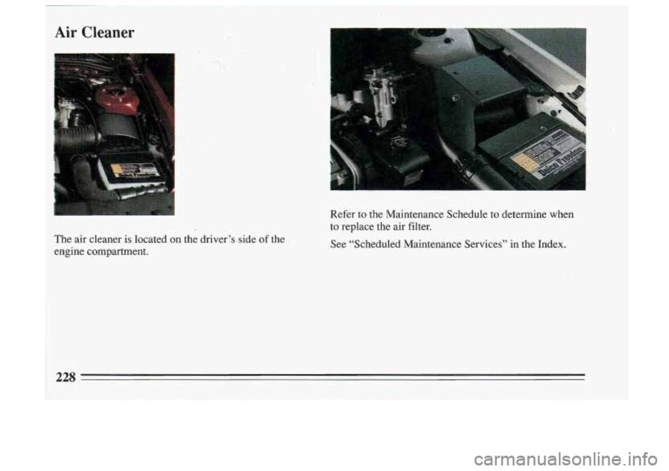 BUICK SKYLARK 1993 Owners Manual Air Cleaner
The air cleaner is located on the driver’s side of the
engine compartment. Refer to the Maintenance Schedule to determine when
to replace the air filter.
See “ BUICK SKYLARK 1993 Owners Manual Air Cleaner
The air cleaner is located on the driver’s side of the
engine compartment. Refer to the Maintenance Schedule to determine when
to replace the air filter.
See “