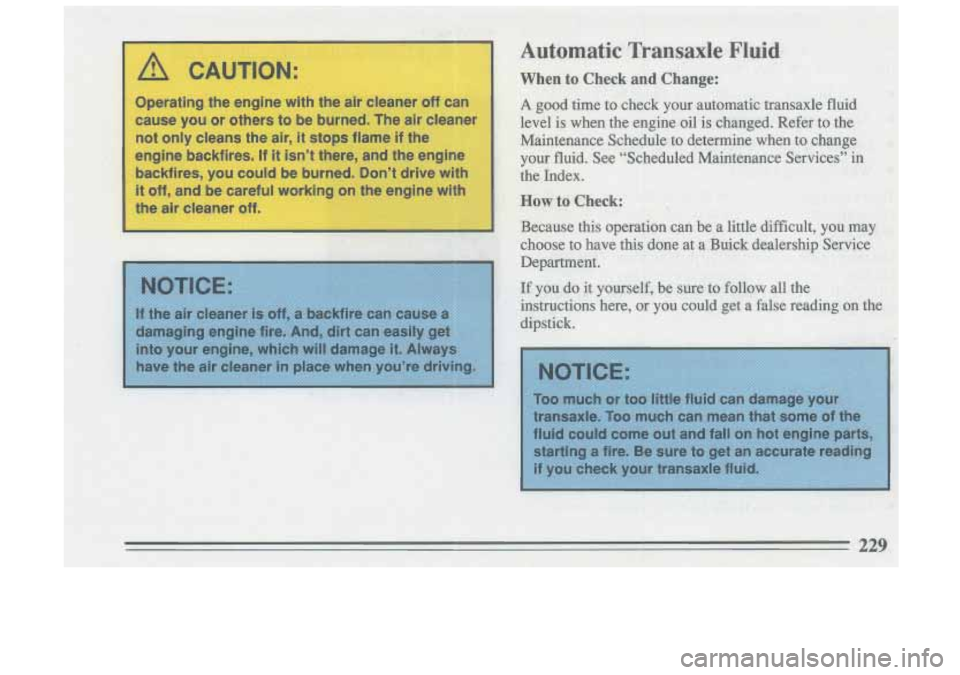 BUICK SKYLARK 1993 Owners Manual A CAUTION:
Operating the engine with the air cleaner off can
cause you or others to be burned. The air cleaner
not only cleans the air,
it stops flame if the
engine backfires.
If it i BUICK SKYLARK 1993 Owners Manual A CAUTION:
Operating the engine with the air cleaner off can
cause you or others to be burned. The air cleaner
not only cleans the air,
it stops flame if the
engine backfires.
If it i