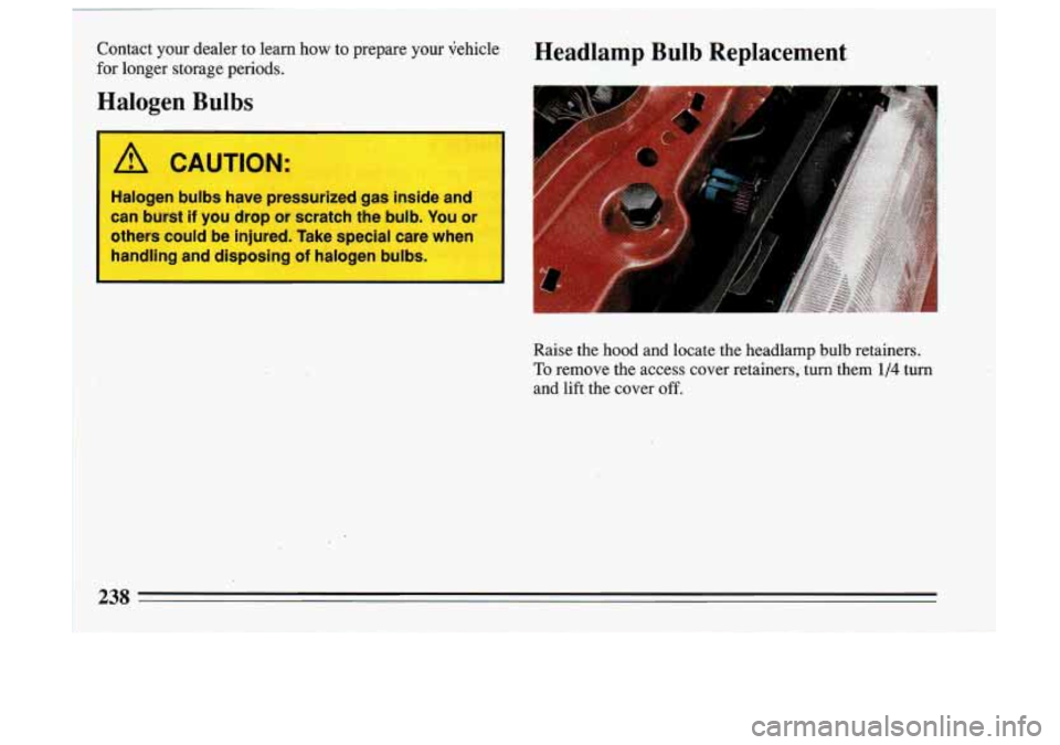 BUICK SKYLARK 1993 Owners Manual Contact your dealer to learn how to prepare your fehicle
for longer storage periods.
:Halogen Bulbs
I A CAUTION:
Halogen bulbs have pressurized gas inside and
can burst
if you dr BUICK SKYLARK 1993 Owners Manual Contact your dealer to learn how to prepare your fehicle
for longer storage periods.
:Halogen Bulbs
I A CAUTION:
Halogen bulbs have pressurized gas inside and
can burst
if you dr